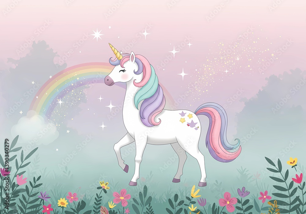 Fototapeta premium Magical Unicorn in a Rainbow Meadow