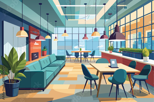 A spacious office interior with a large blue sofa, a table with chairs, and a cityscape view.