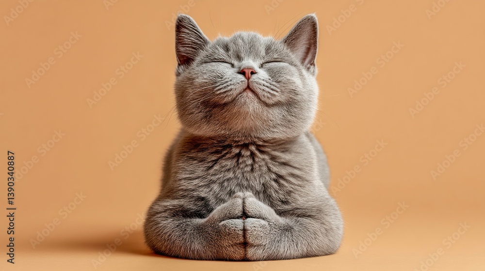 A sweet grey cat with closed eyes, relaxed and serene, posing with paws together on orange background.