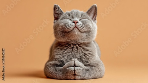 Obraz na płótnie A sweet grey cat with closed eyes, relaxed and serene, posing with paws together on orange background. w salonie