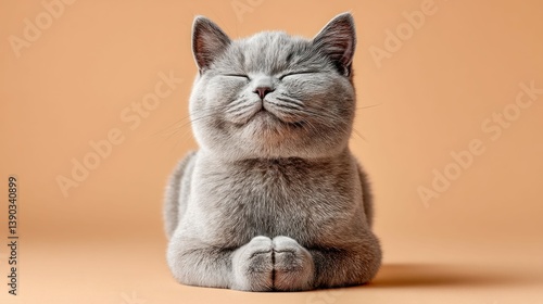 A charming British Shorthair cat peacefully meditating with eyes closed on an orange backdrop.