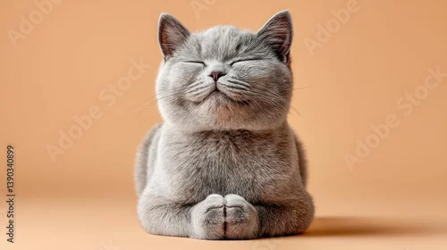 Obraz A charming British Shorthair cat peacefully meditating with eyes closed on an orange backdrop.