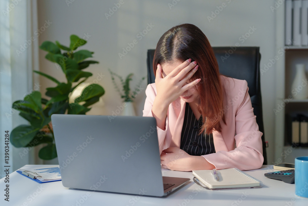 Businesswoman struggling with stress and burnout while working on a laptop at her office desk, feeling tired and overwhelmed by deadlines Businesswoman struggling with stress and burnout while working on a laptop at her office desk, feeling tired and overwhelmed by deadlines