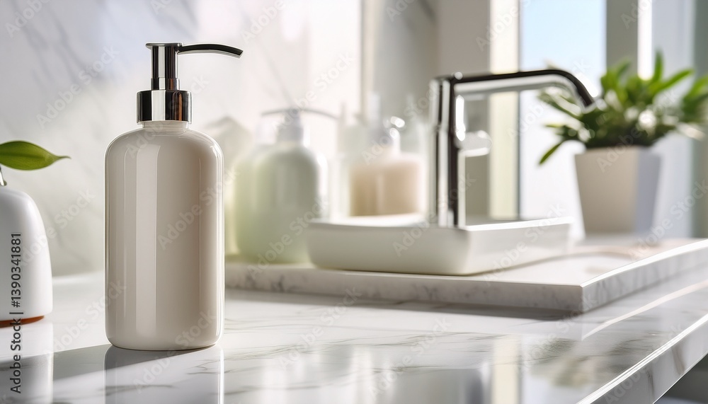 MOCKUP OF shampoo bottle with a pump dispenser, placed on a marble bathroom counter MOCKUP OF shampoo bottle with a pump dispenser, placed on a marble bathroom counter