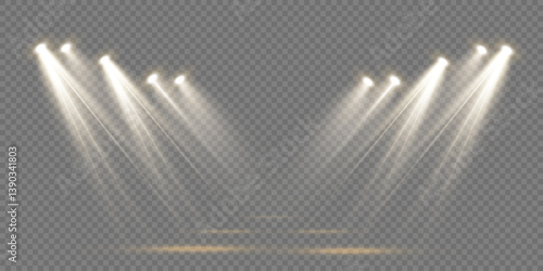 
Light sources, concert lighting, stage spotlights. Spotlight beam, illuminated spotlights and projection studio lights beam lighting the stage of a concert club.