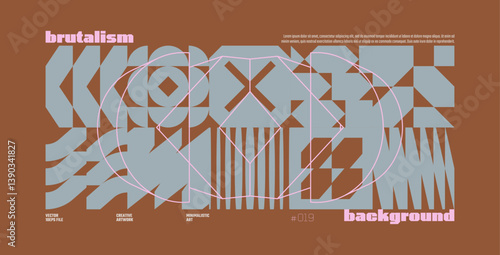 Brutalism abstract vector brown color background with Postmodern geometric graphic shapes in Y2K aesthetics, trendy colorful modernism artwork banner, various brutal form and line elements