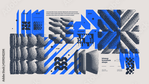 Dithering bitmap abstract vector color background with Postmodern geometric graphic brutalism shapes, Y2K bold vector pixelated modernism artwork banner inspiration by retro 8-bit aesthetic, yellow 5