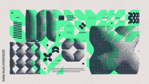 Dithering bitmap abstract vector color background with Postmodern geometric graphic brutalism shapes, Y2K bold vector pixelated modernism artwork banner inspiration by retro 8-bit aesthetic, yellow 6