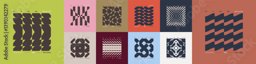 Kit of Postmodern geometric compositions with abstract shapes in brutalism aesthetics, mosaic of brutal figures, trendy color retro futuristic elements, vector modernist ornament, cards art 7