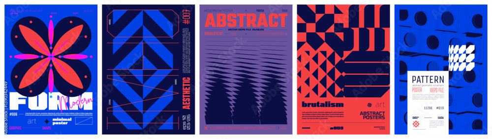 Fototapeta premium Set modernism art colorful trendy posters, artwork in minimalism and brutalism style, abstract geometric A4 rave postmodern composition, vector simple shapes print graphic in Y2K aesthetics, set 28