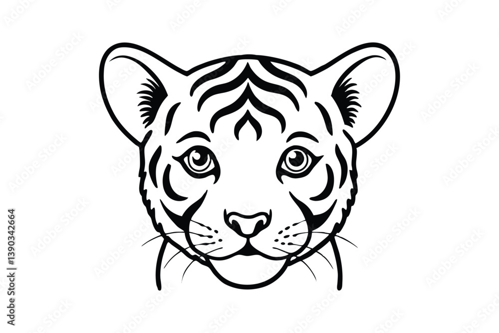Line art drawing of tiger cub head in front view.eps Line art drawing of tiger cub head in front view.eps