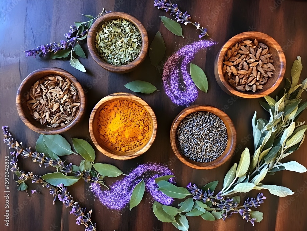 A photo of various spices and herbs arranged in bowls