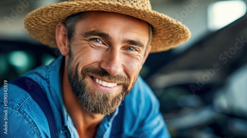 A warm and genuine portrait of a smiling man in a straw hat, embodying joy and contentment.