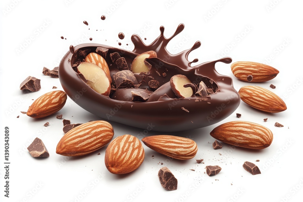 3D rendering of almond and chocolate bean splash isolated on white background with realistic detail and texture 3D rendering of almond and chocolate bean splash isolated on white background with realistic detail and texture