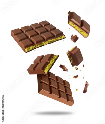 Canvas Print Broken Dubai chocolate in the air isolated on a white background