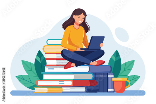 A smiling woman sits cross-legged on a stack of books while using a laptop. She has brown hair, a yellow shirt, and blue pants.