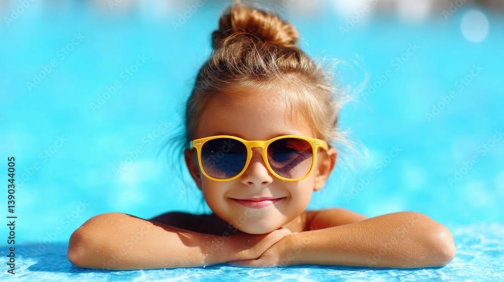 Naklejka premium A cheerful little girl with yellow sunglasses smiles in a refreshing blue swimming pool on a sunny day.