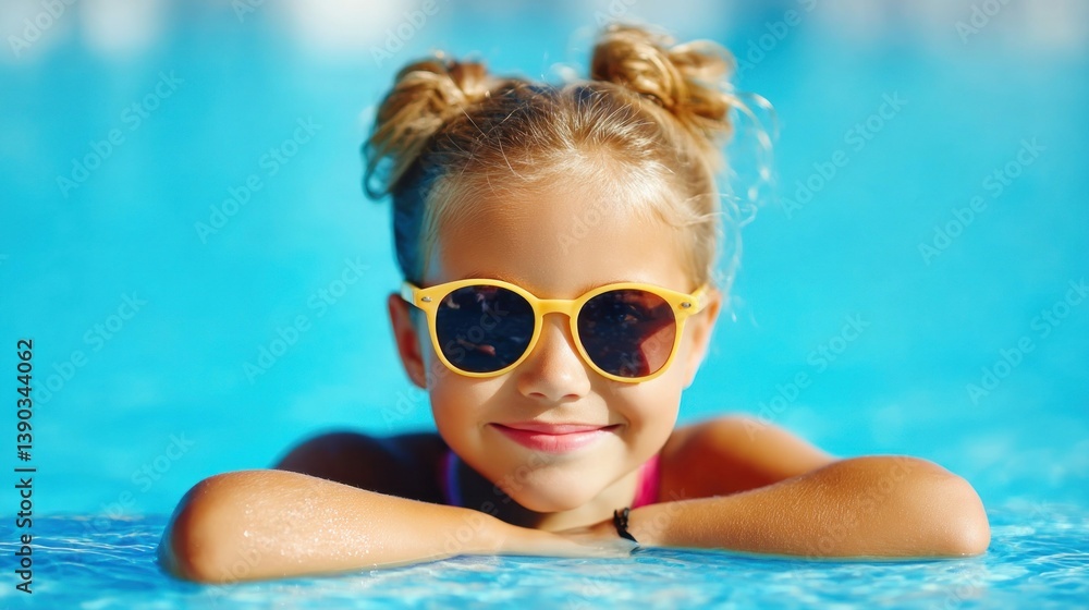 Naklejka premium Smiling girl wearing sunglasses in a swimming pool, enjoying the summer sun and water.