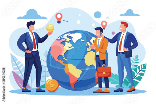 Three businessmen stand in front of a large globe, discussing ideas and strategies for global business.