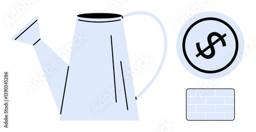 Watering can beside dollar coin and brick wall representing growth, financial development, investment, stability, and foundation-building concepts. Ideal for finance, business, savings, growth plans
