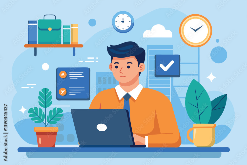An illustration of a man working on a laptop at his desk. He is surrounded by a clock, a checkmark, and other office supplies, suggesting he is working on a project. An illustration of a man working on a laptop at his desk. He is surrounded by a clock, a checkmark, and other office supplies, suggesting he is working on a project.