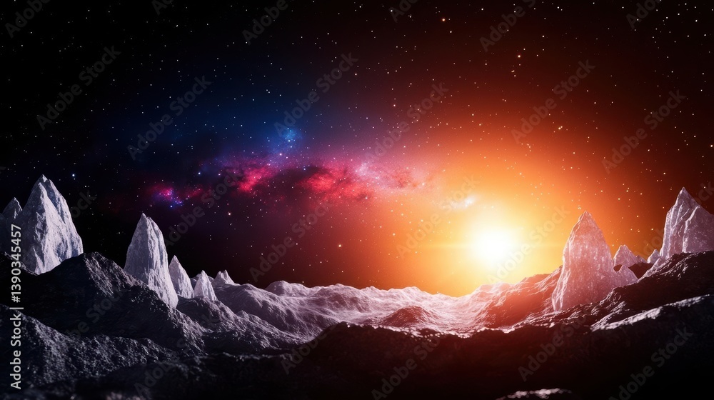 Fototapeta premium Vibrant galactic core illuminating an icy exoplanet with towering crystalline structures