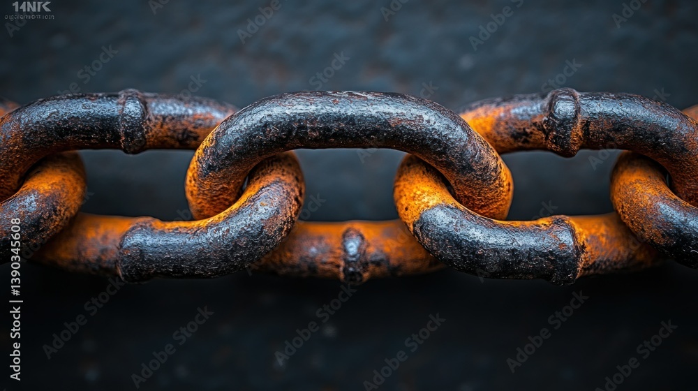 Rusty metal chain links close-up. A weathered, industrial chain, with sections of dark and orange rust, is tightly linked. The background is a dark, textured surface Rusty metal chain links close-up. A weathered, industrial chain, with sections of dark and orange rust, is tightly linked. The background is a dark, textured surface