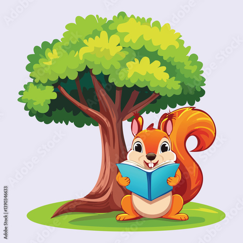 cartoon squirrel reading a book.