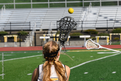 Girls on the JV Lacrosse Team practice throwing and catching on the sideline before the start of today's game. Girl with long hair tosses ball to her teammate.