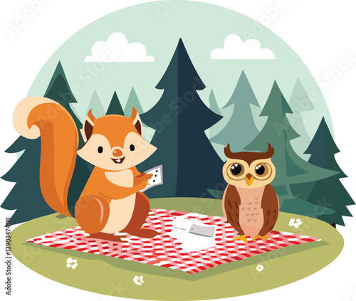 cartoon squirrel having picnic.
