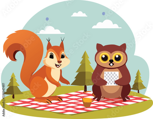 cartoon squirrel having picnic.