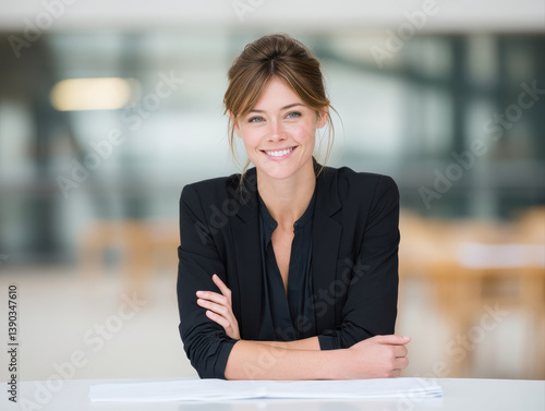 Free Download smiling woman in black blazer sits at desk, confidently explaining documents in bright office setting - GFXLoad
