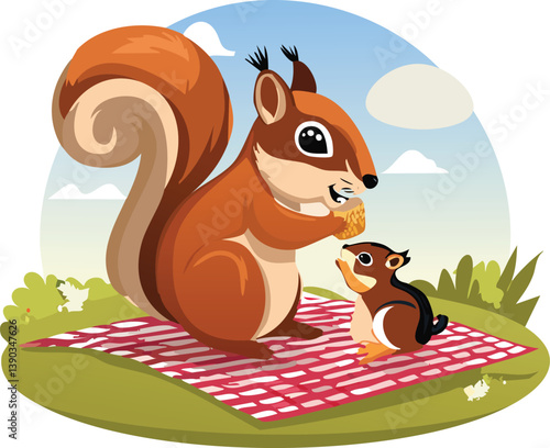 cartoon squirrel having picnic.