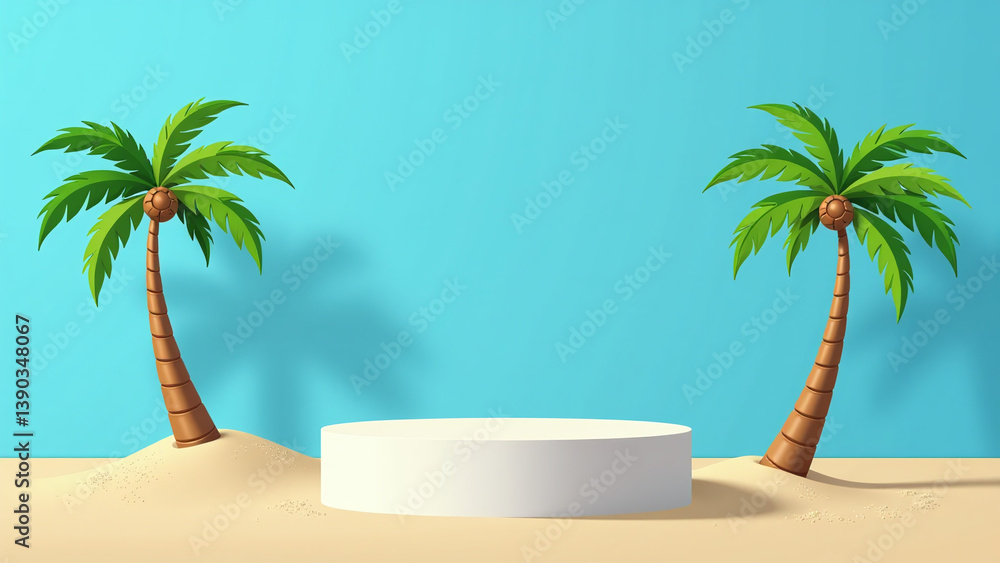Fototapeta premium blue background features summer beach scene eps vector illustration palm trees beach items pile