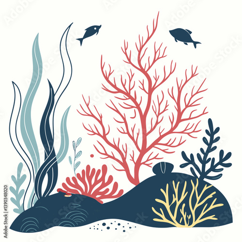 Vector set of colored corals and seaweeds silhouettes. Underwater coral reef and sea kelp in hand drawn doodle style. Marine aquarium plants illustration