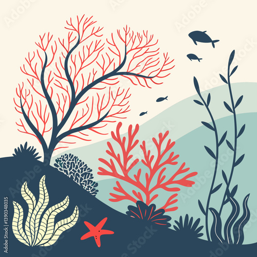 Vector set of colored corals and seaweeds silhouettes. Underwater coral reef and sea kelp in hand drawn doodle style. Marine aquarium plants illustration