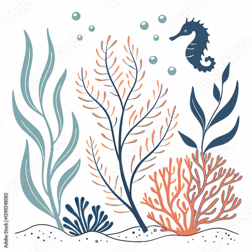Vector set of colored corals and seaweeds silhouettes. Underwater coral reef and sea kelp in hand drawn doodle style. Marine aquarium plants illustration