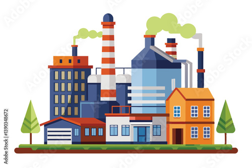 A cartoon illustration of an industrial complex with smokestacks, buildings, and a residential house.