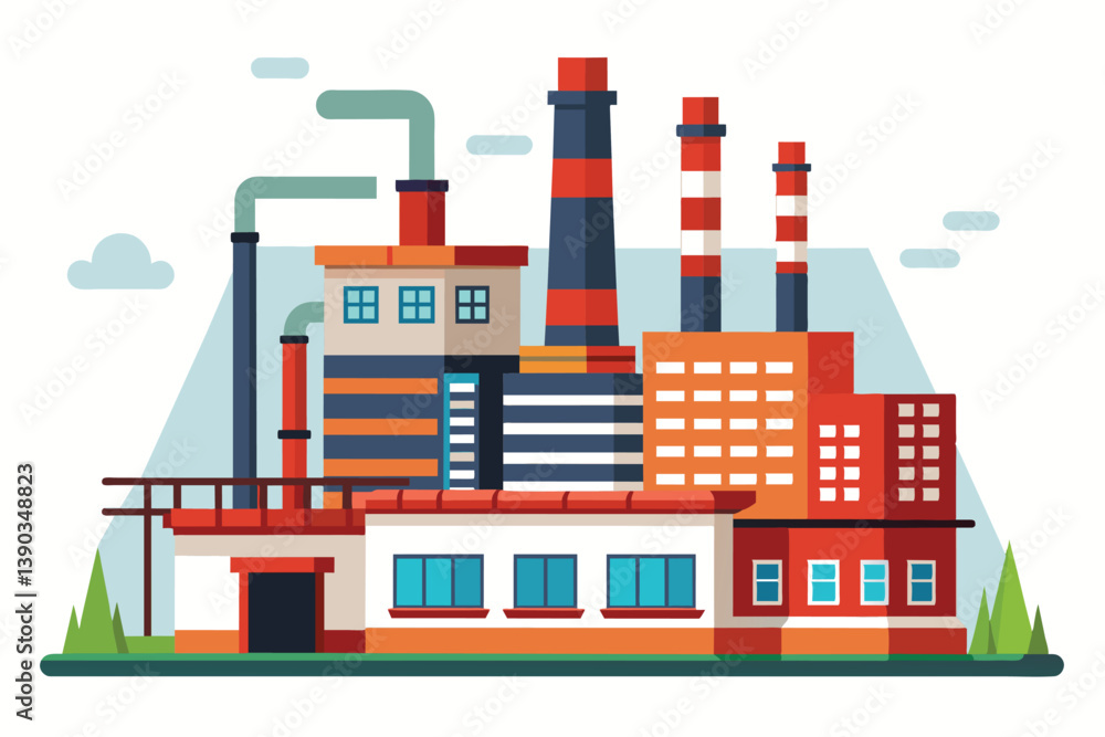 Fototapeta premium A cartoon illustration of a large industrial complex with multiple buildings, including a large factory with red and black striped chimneys emitting smoke.