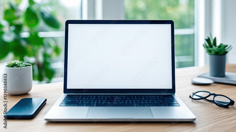 Laptop with a blank screen on a wooden desk, surrounded by plants and tech accessories. Laptop with a blank screen on a wooden desk, surrounded by plants and tech accessories.
