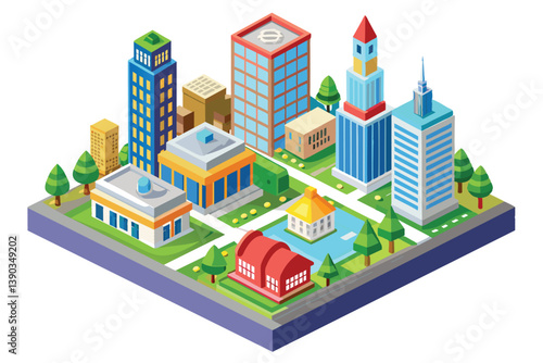 An isometric illustration of a modern city with tall buildings, green spaces, and a small lake in the center.
