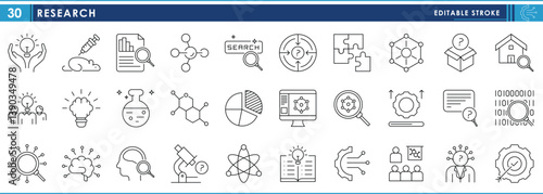 A set of line icons related to Research. Search, test, lab, scientist, digital, brain, lens, computer, innovation, and so on. Vector editable stroke.