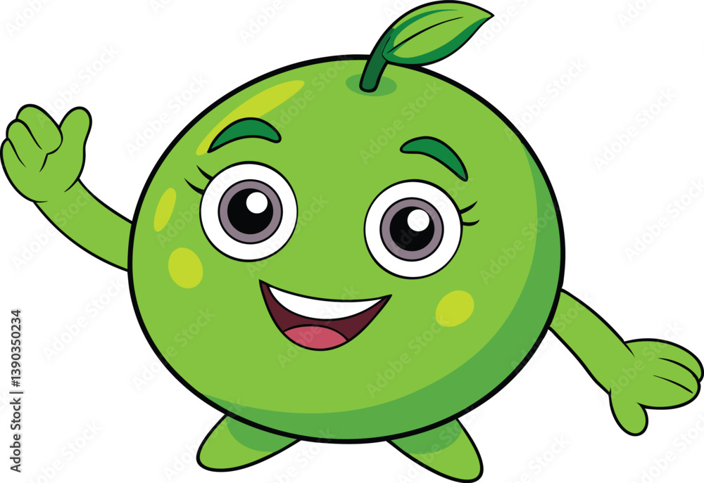 Cheerful Lime Cartoon Character with Rosy Cheeks and Waving Hand Cheerful Lime Cartoon Character with Rosy Cheeks and Waving Hand