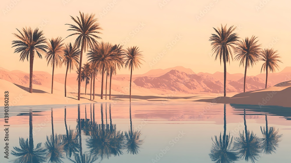 Obraz premium Oasis with palm trees reflecting in calm water at sunset.