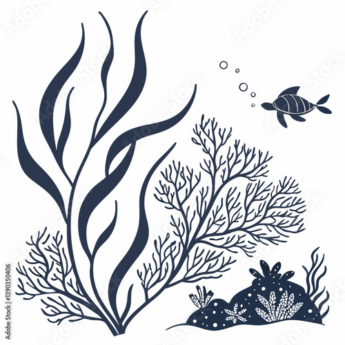 Vector set of corals and seaweeds silhouettes. Underwater coral reef and sea kelp in hand drawn doodle style. Marine aquarium plants illustration