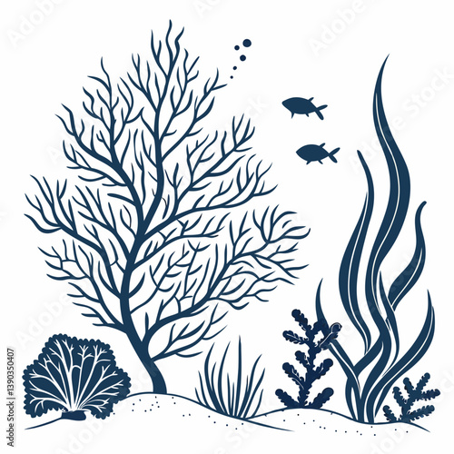 Vector set of corals and seaweeds silhouettes. Underwater coral reef and sea kelp in hand drawn doodle style. Marine aquarium plants illustration