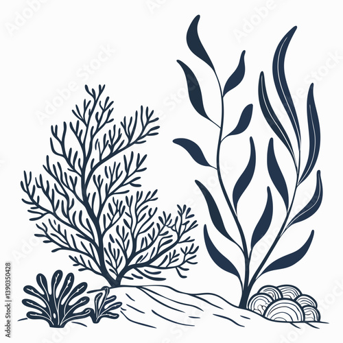 Vector set of corals and seaweeds silhouettes. Underwater coral reef and sea kelp in hand drawn doodle style. Marine aquarium plants illustration