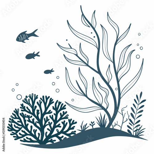 Vector set of corals and seaweeds silhouettes. Underwater coral reef and sea kelp in hand drawn doodle style. Marine aquarium plants illustration