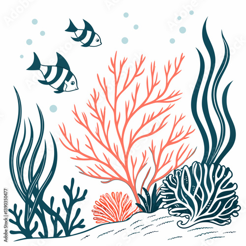 Vector set of corals and seaweeds silhouettes. Underwater coral reef and sea kelp in hand drawn doodle style. Marine aquarium plants illustration