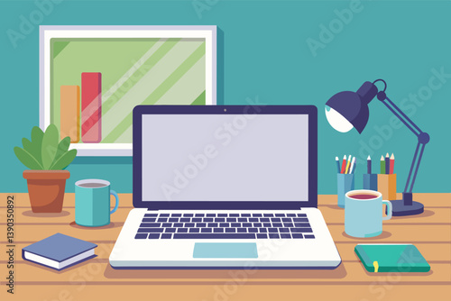 A modern laptop sits open on a wooden desk, with a cup of coffee, a book, and a potted plant beside it. A desk lamp shines on the scene.